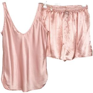Vintage Pajamas 2 Piece Set Pink Satin Top Shorts Size Medium